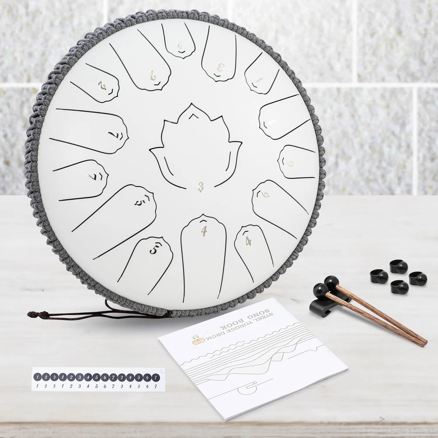 Steel Tongue Drum 13 Inch 15 Notes,Hand Drums with C-Key Travel Bag Drumsticks Holder Finger Paddles and Music Book,Handpan Percussion for Musical Education Meditation Yoga Gifts(Titanium White)