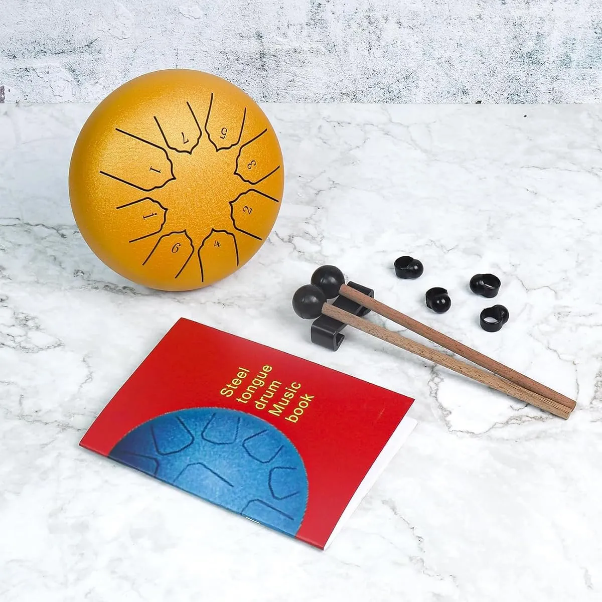 Steel Tongue Drum 6 Inch 8 Notes Hand Drums, Bag, Music Book, Drumsticks, Mallet Holder and Finger Paddles, Musical Education Entertainment Camping Yoga Meditation Zen Gifts (Golden)