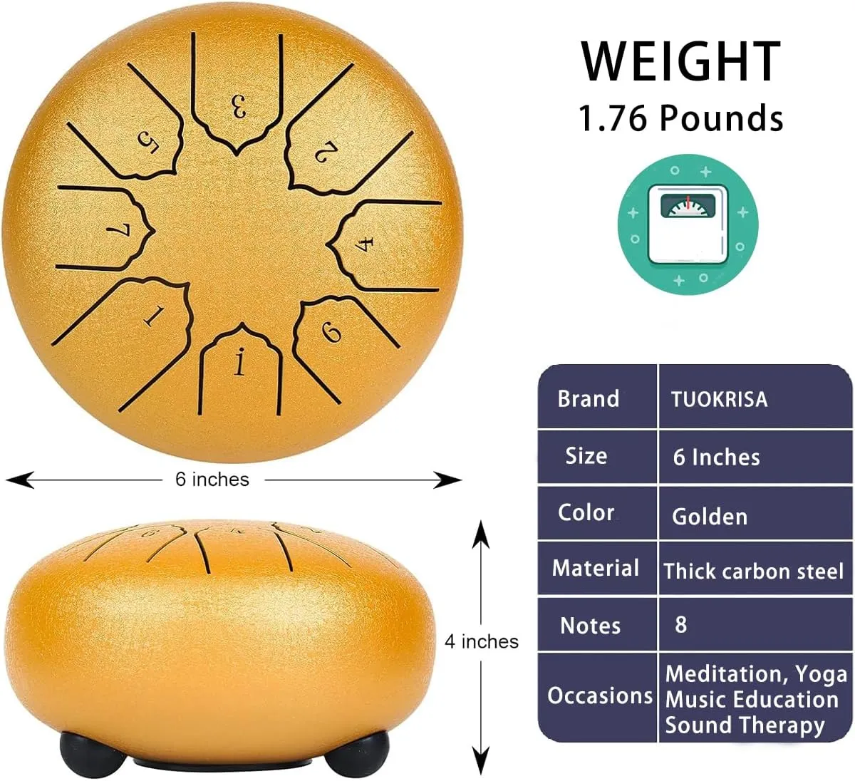 Steel Tongue Drum 6 Inch 8 Notes Hand Drums, Bag, Music Book, Drumsticks, Mallet Holder and Finger Paddles, Musical Education Entertainment Camping Yoga Meditation Zen Gifts (Golden)