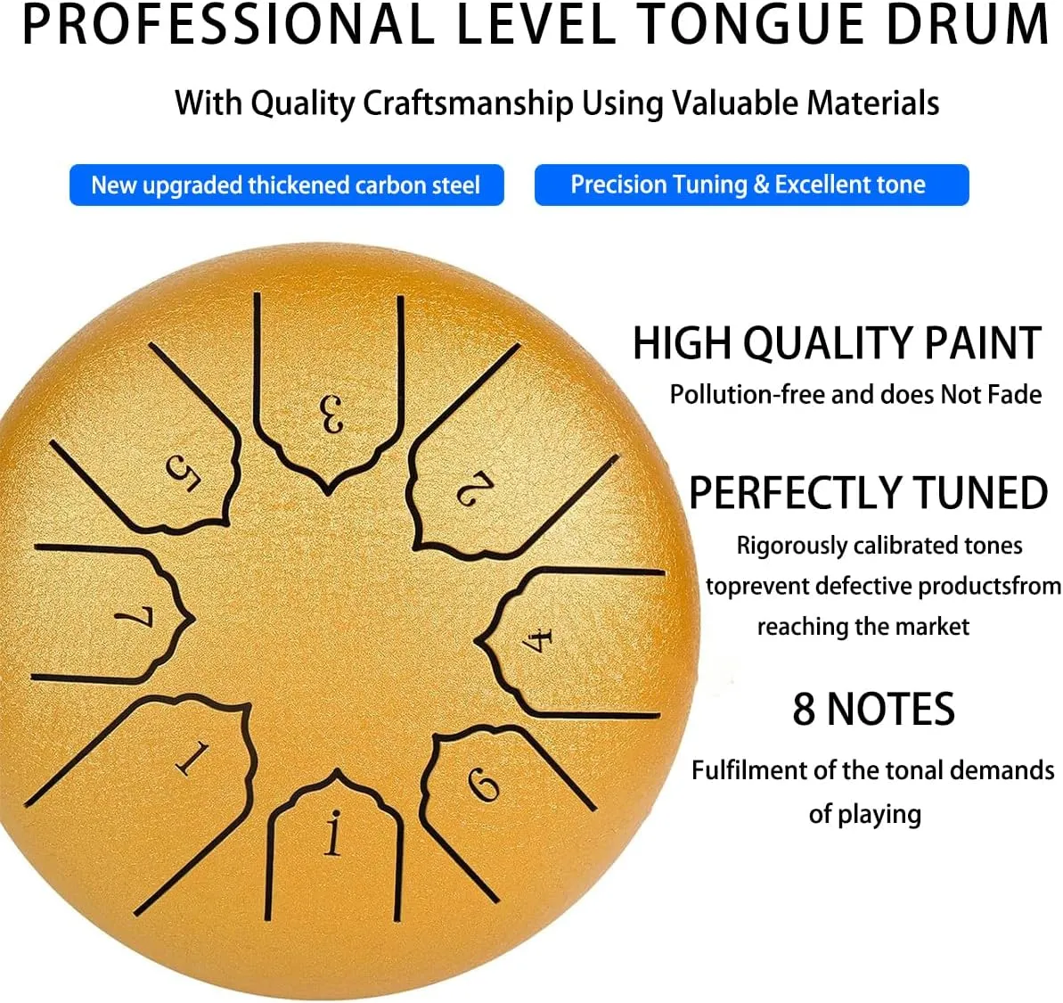 Steel Tongue Drum 6 Inch 8 Notes Hand Drums, Bag, Music Book, Drumsticks, Mallet Holder and Finger Paddles, Musical Education Entertainment Camping Yoga Meditation Zen Gifts (Golden)