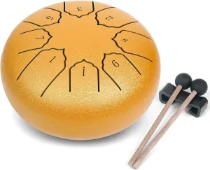 Steel Tongue Drum 6 Inch 8 Notes Hand Drums, Bag, Music Book, Drumsticks, Mallet Holder and Finger Paddles, Musical Education Entertainment Camping Yoga Meditation Zen Gifts (Golden)