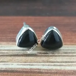Sterling Silver Field Black Onyx Triangle Stud Earrings, Push Back Closure