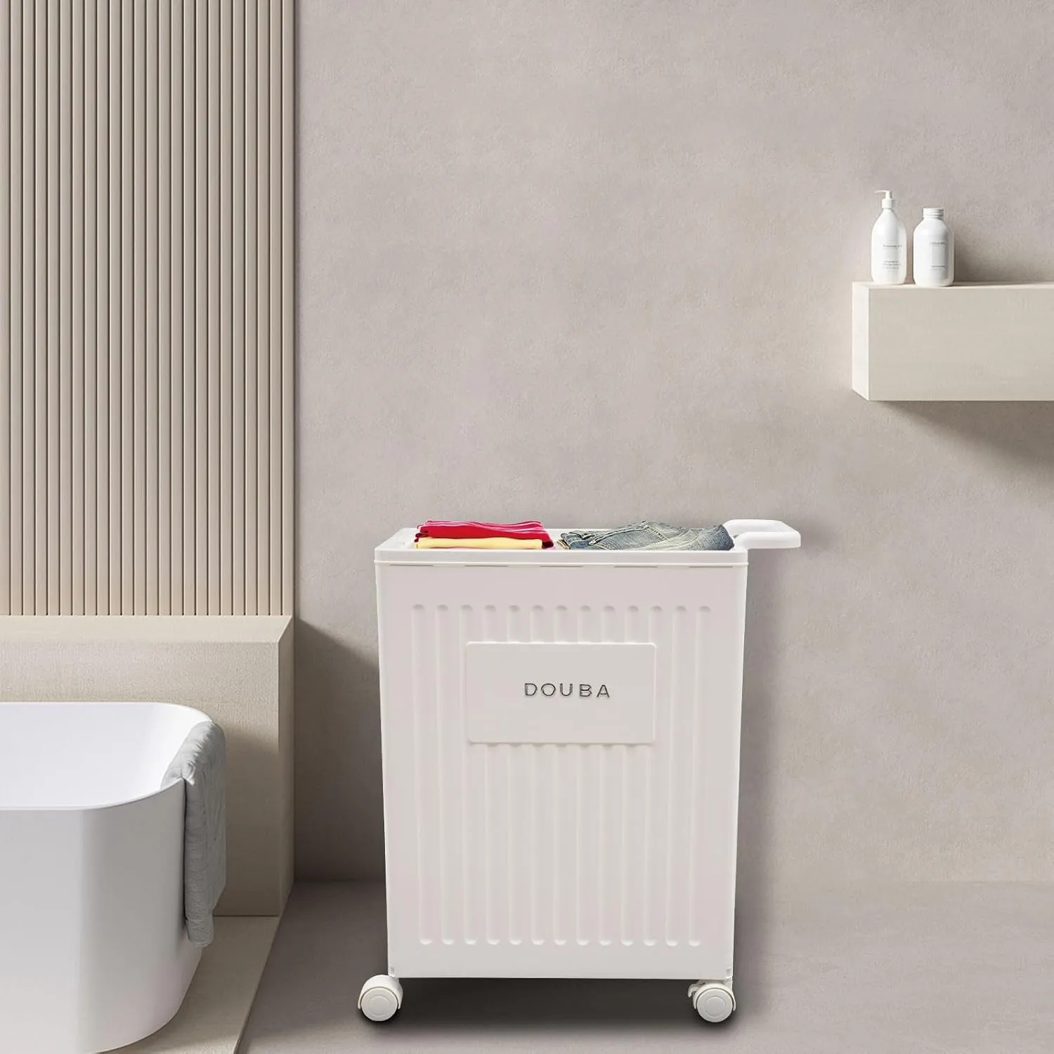 Storage Box with Universal Wheels, Collapsible Removable Storage Organizer with Removable Lid, Portable Free Standing Rectangular Storage Boxs for Bedroom, Bathroom, Wardrobe, Laundry (White)