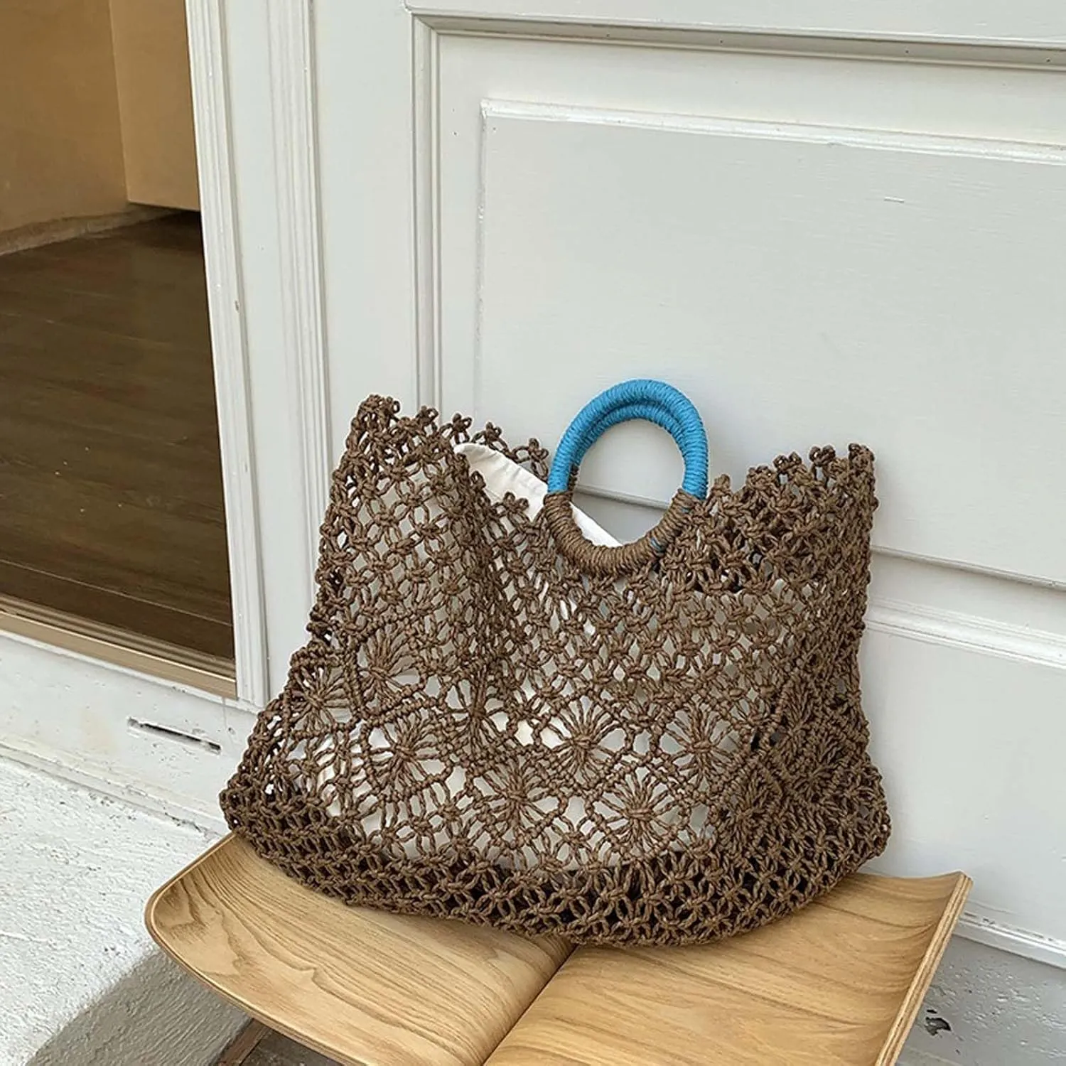 Straw handbag, summer beach bag, handmade straw rattan woven women's travel hollow flower handbag