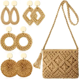 Straw Shoulder Bag Earrings Set rattan bag straw purse Crossbody Vacation Purse with 4 Pairs Earrings Rattan Boho Earrings for Women