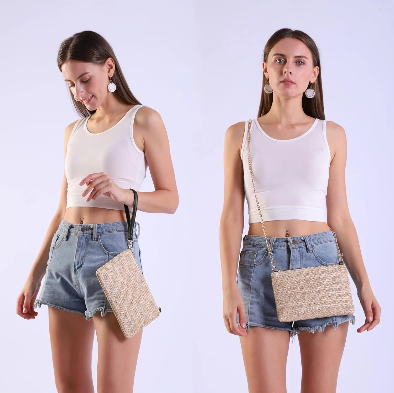 Straw Zipper Small Cross body bag Wristlet Clutch Womens Purse