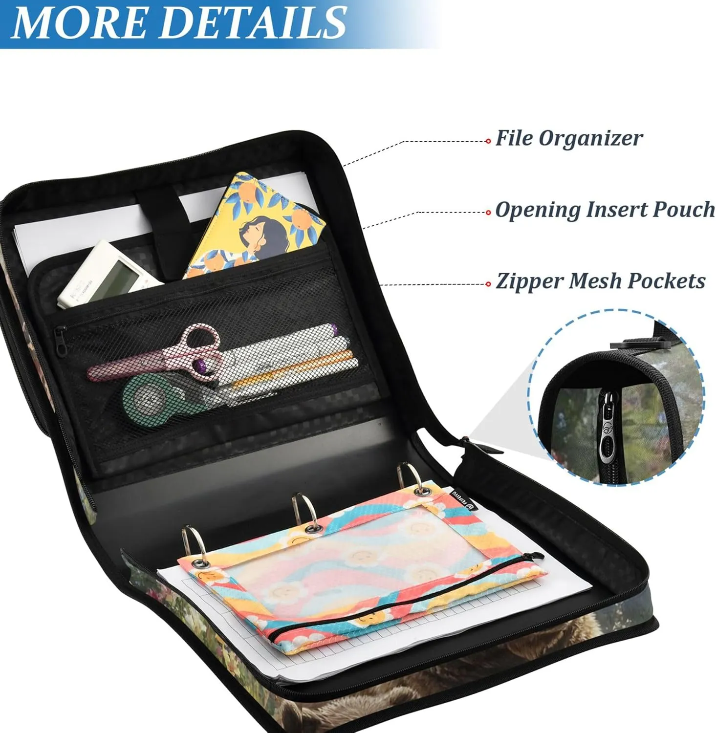 Student Zip up Binder Organizer 1 1/2 Inch Binders 3 Ring Bear Painting Landscape Portfolio Hold 500 Sheets Holder School Binder Bag with Shoulder Strap