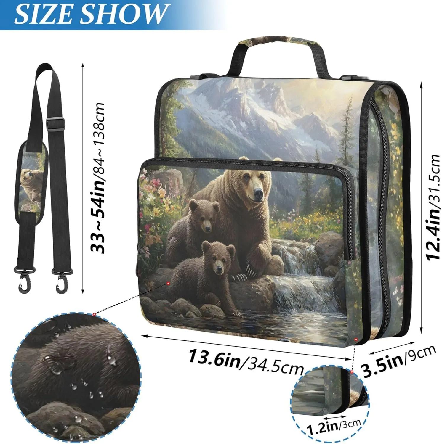 Student Zip up Binder Organizer 1 1/2 Inch Binders 3 Ring Bear Painting Landscape Portfolio Hold 500 Sheets Holder School Binder Bag with Shoulder Strap
