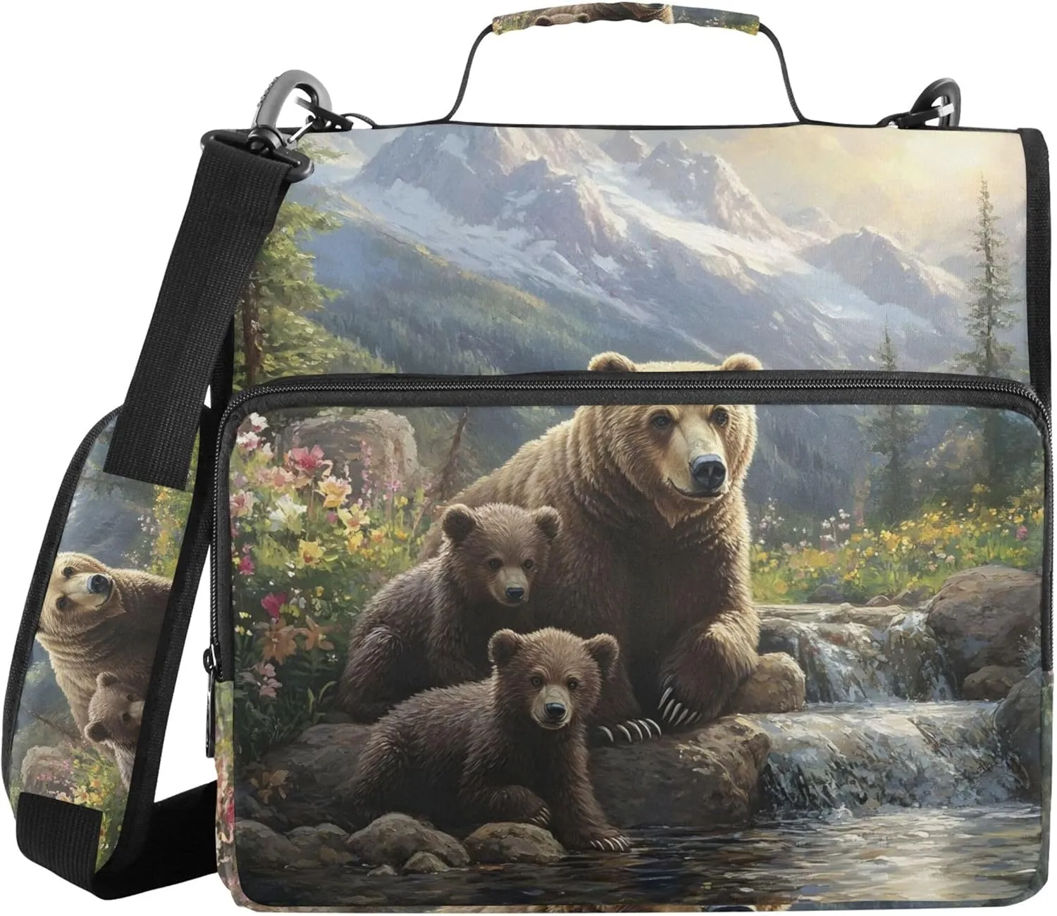 Student Zip up Binder Organizer 1 1/2 Inch Binders 3 Ring Bear Painting Landscape Portfolio Hold 500 Sheets Holder School Binder Bag with Shoulder Strap