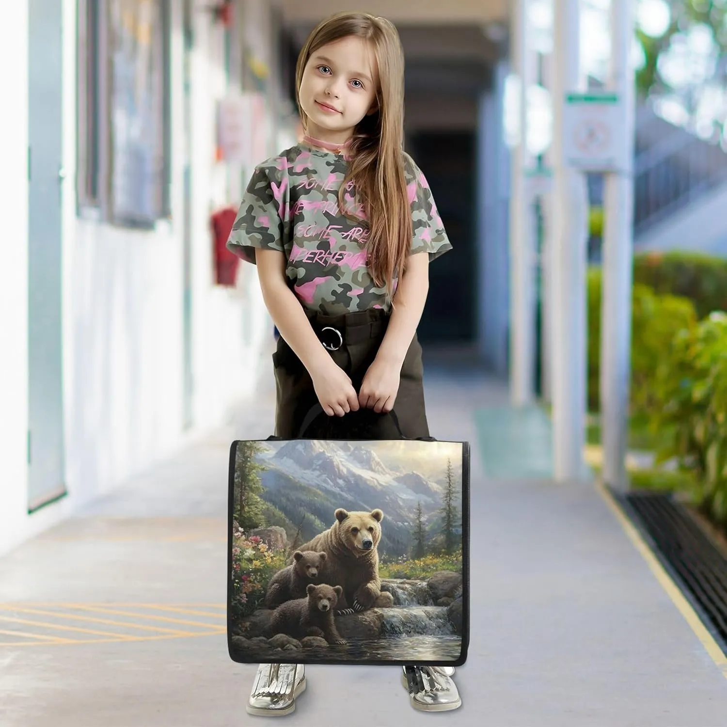 Student Zip up Binder Organizer 1 1/2 Inch Binders 3 Ring Bear Painting Landscape Portfolio Hold 500 Sheets Holder School Binder Bag with Shoulder Strap