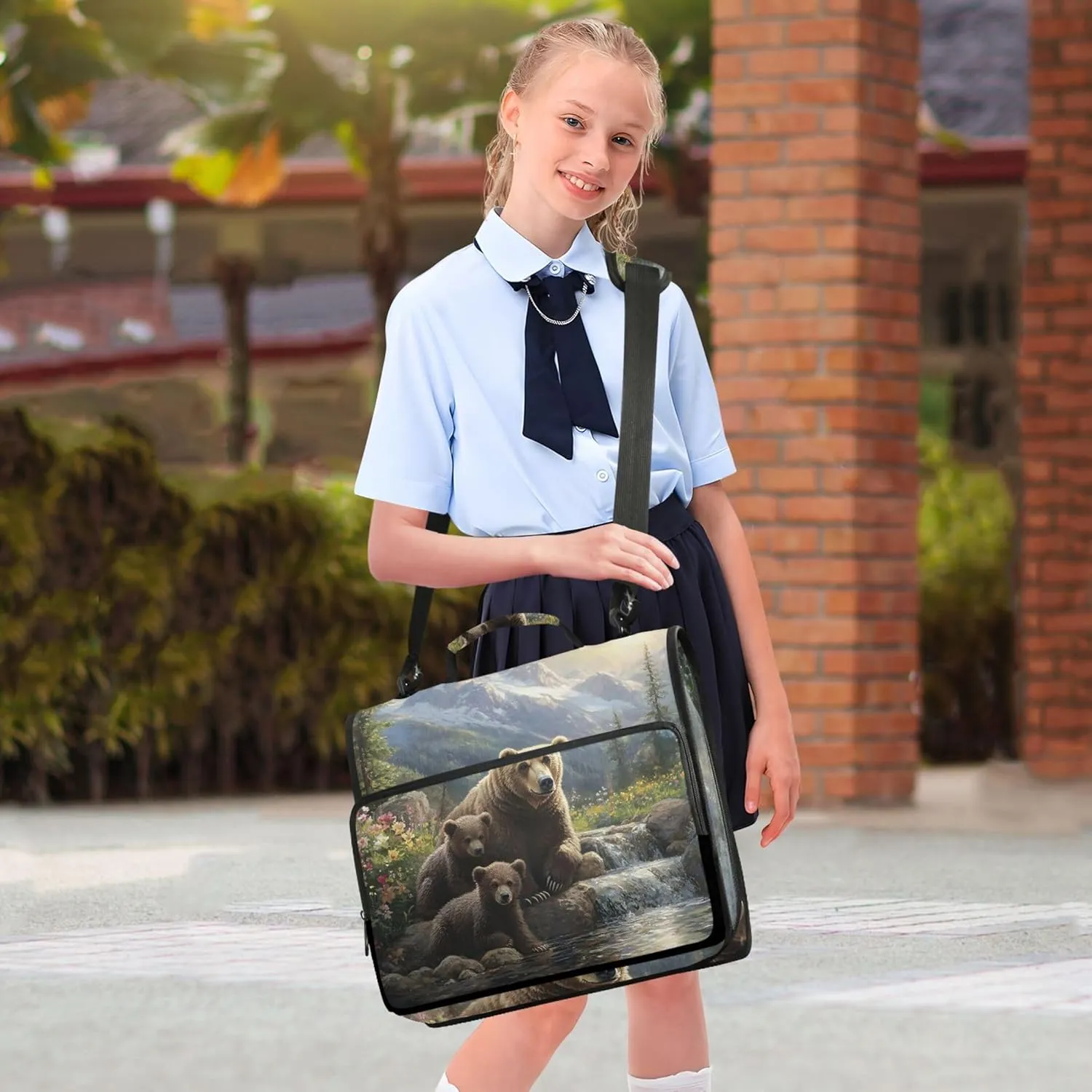 Student Zip up Binder Organizer 1 1/2 Inch Binders 3 Ring Bear Painting Landscape Portfolio Hold 500 Sheets Holder School Binder Bag with Shoulder Strap