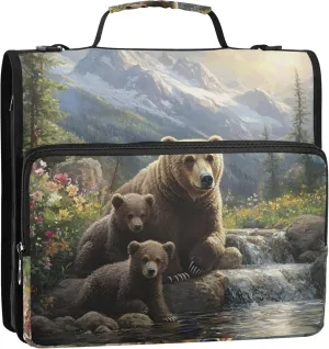 Student Zip up Binder Organizer 1 1/2 Inch Binders 3 Ring Bear Painting Landscape Portfolio Hold 500 Sheets Holder School Binder Bag with Shoulder Strap