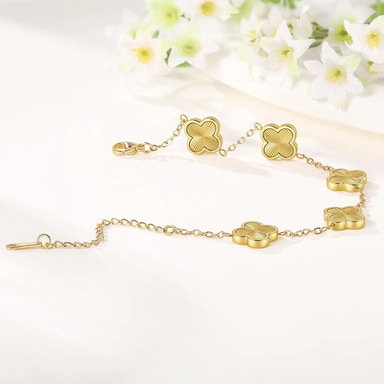(Sturdy Version) 18K Gold Plated Bracelets for Women Men (Double Sided) Four Leaf Clover Cute Trendy Lucky Braclet (Adjustable) Fits Wrists upto 8 inch, Gold White Black Green Blue Red Pink