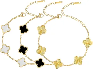 (Sturdy Version) 18K Gold Plated Bracelets for Women Men (Double Sided) Four Leaf Clover Cute Trendy Lucky Braclet (Adjustable) Fits Wrists upto 8 inch, Gold White Black Green Blue Red Pink