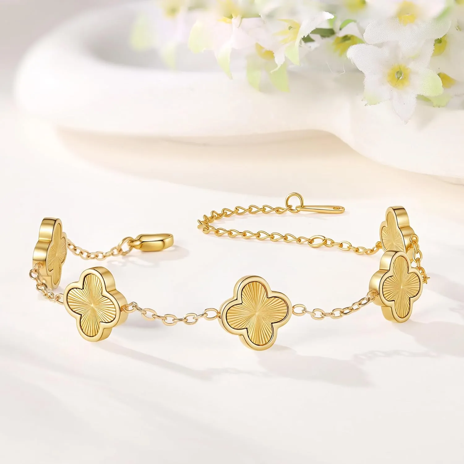 (Sturdy Version) 18K Gold Plated Bracelets for Women Men (Double Sided) Four Leaf Clover Cute Trendy Lucky Braclet (Adjustable) Fits Wrists upto 8 inch, Gold White Black Green Blue Red Pink