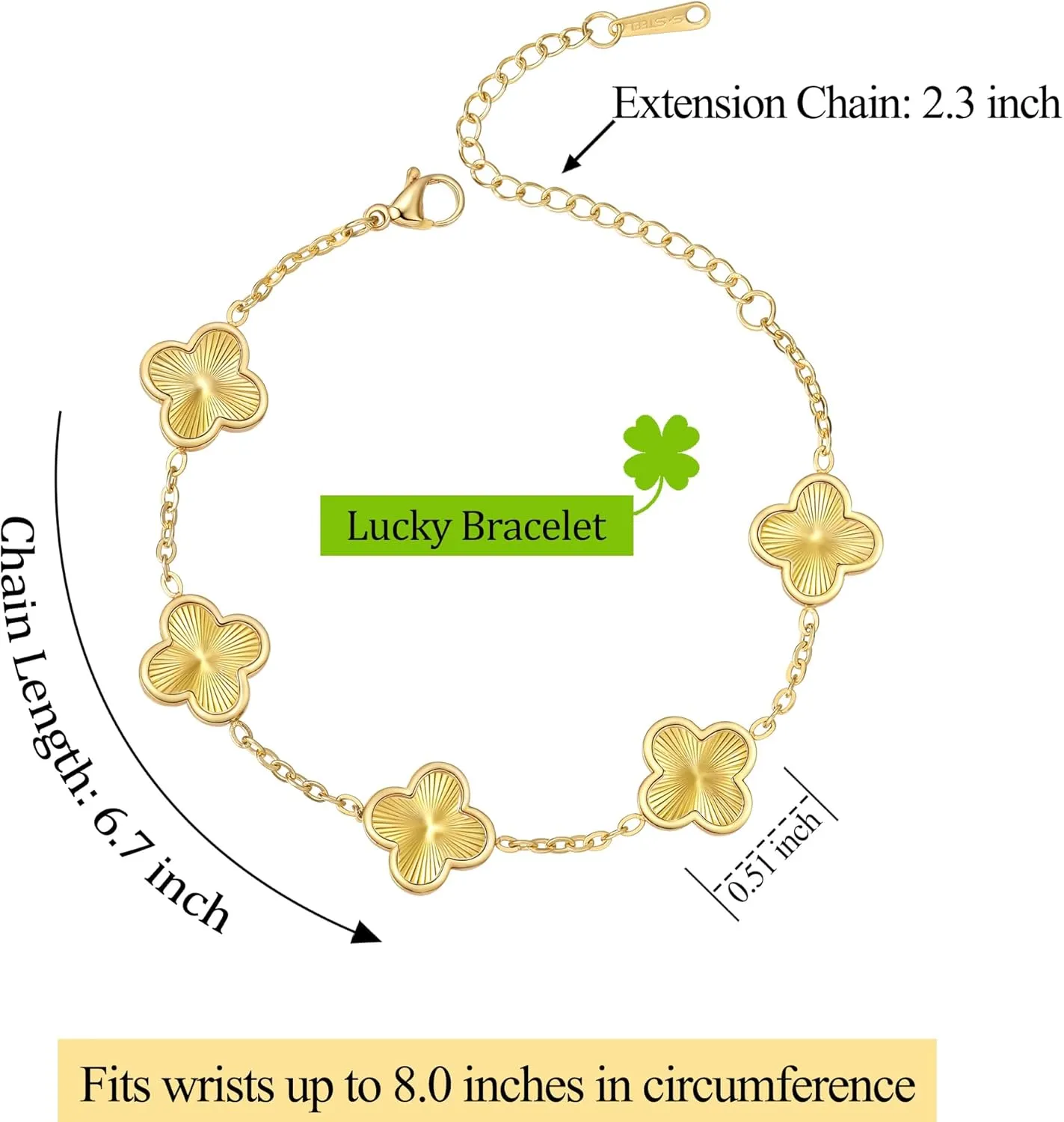 (Sturdy Version) 18K Gold Plated Bracelets for Women Men (Double Sided) Four Leaf Clover Cute Trendy Lucky Braclet (Adjustable) Fits Wrists upto 8 inch, Gold White Black Green Blue Red Pink