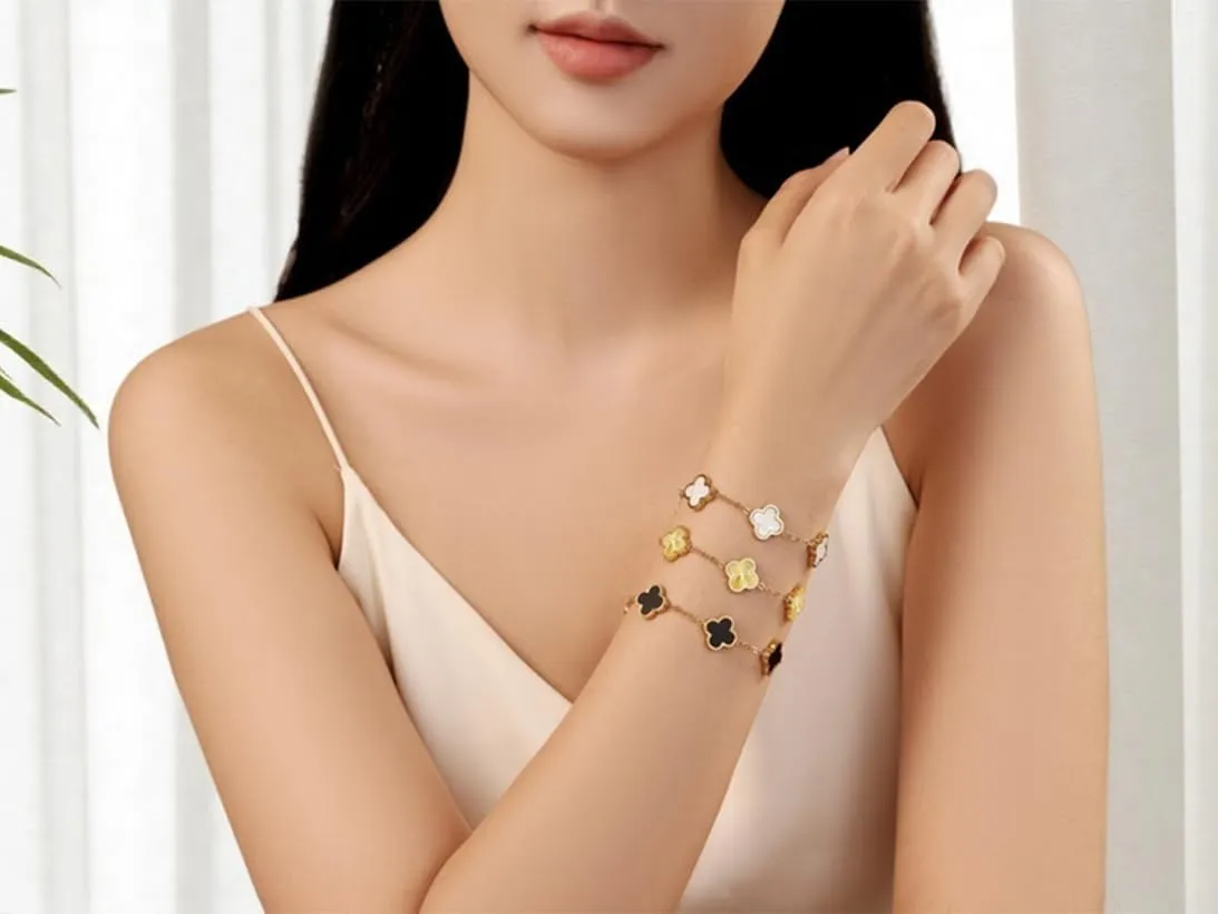 (Sturdy Version) 18K Gold Plated Bracelets for Women Men (Double Sided) Four Leaf Clover Cute Trendy Lucky Braclet (Adjustable) Fits Wrists upto 8 inch, Gold White Black Green Blue Red Pink