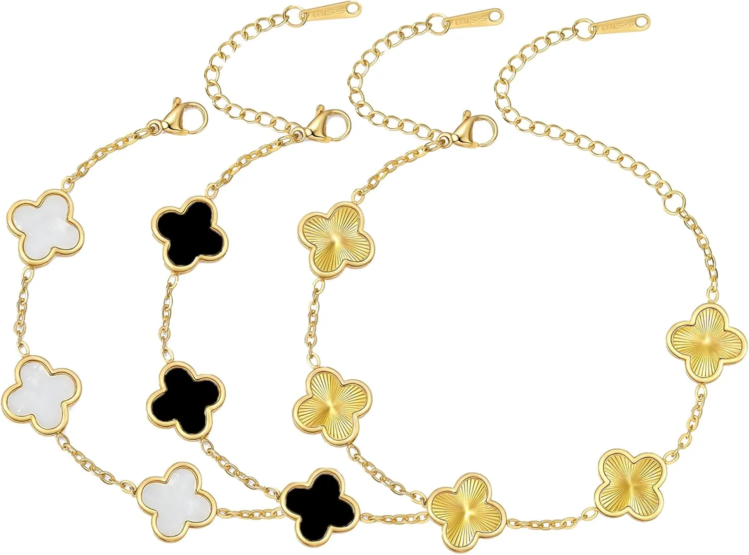 (Sturdy Version) 18K Gold Plated Bracelets for Women Men (Double Sided) Four Leaf Clover Cute Trendy Lucky Braclet (Adjustable) Fits Wrists upto 8 inch, Gold White Black Green Blue Red Pink