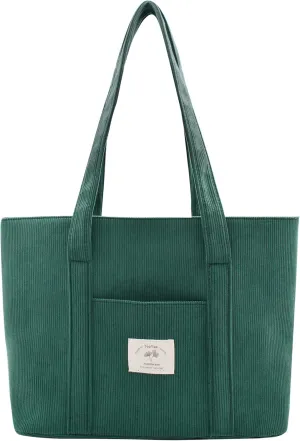 Stylish Corduroy Tote Bag for Women Large Zippered Shoulder Bag with Pockets Multipurpose Travel, Gym, Work & Beach Tote