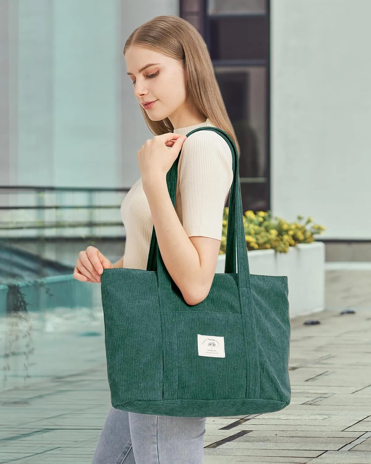 Stylish Corduroy Tote Bag for Women Large Zippered Shoulder Bag with Pockets Multipurpose Travel, Gym, Work & Beach Tote