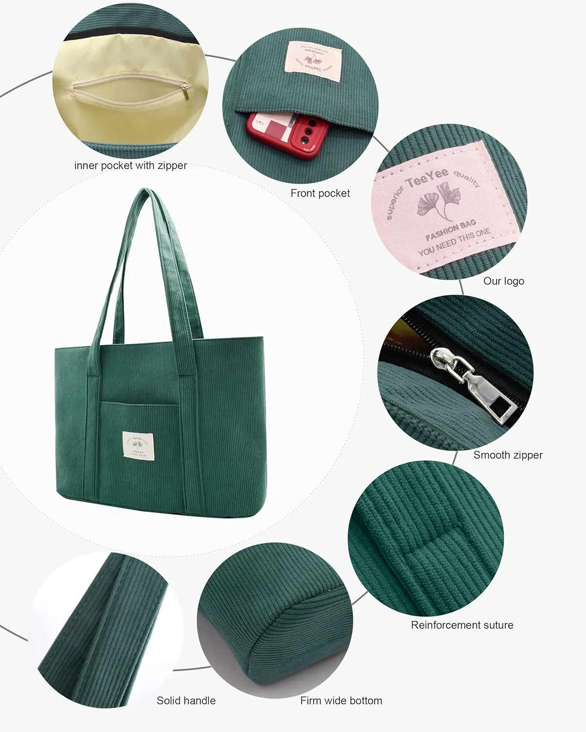 Stylish Corduroy Tote Bag for Women Large Zippered Shoulder Bag with Pockets Multipurpose Travel, Gym, Work & Beach Tote