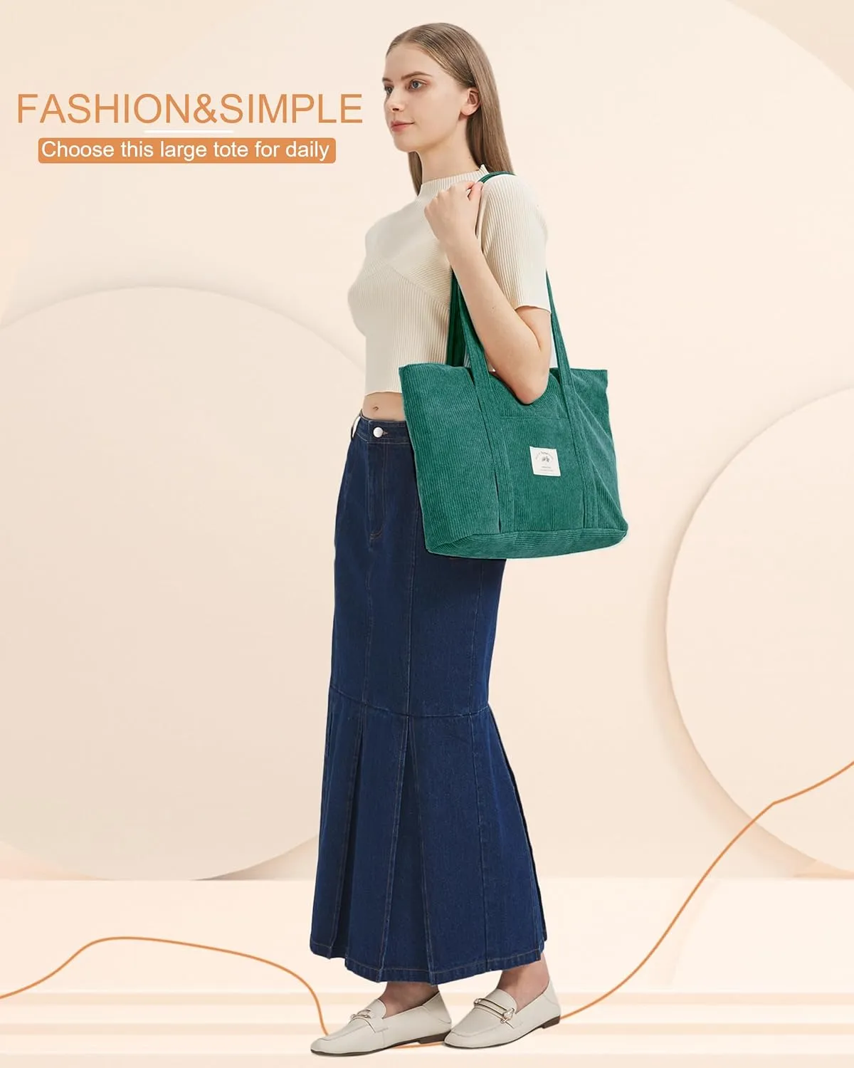 Stylish Corduroy Tote Bag for Women Large Zippered Shoulder Bag with Pockets Multipurpose Travel, Gym, Work & Beach Tote