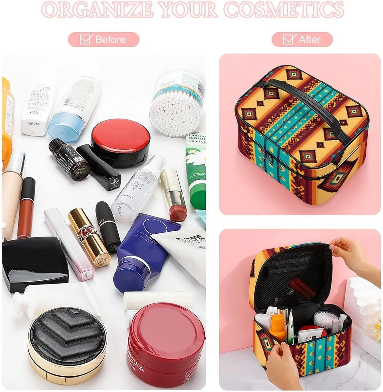 Stylish Cosmetic Bag for Women, Travel Toiletry Storage Bag with with Zipper Pouch Indiana Western Southwest Ethnic Tribal Navajo Makeup Organizer Case