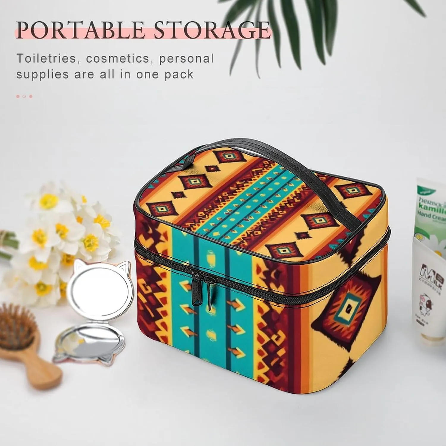 Stylish Cosmetic Bag for Women, Travel Toiletry Storage Bag with with Zipper Pouch Indiana Western Southwest Ethnic Tribal Navajo Makeup Organizer Case