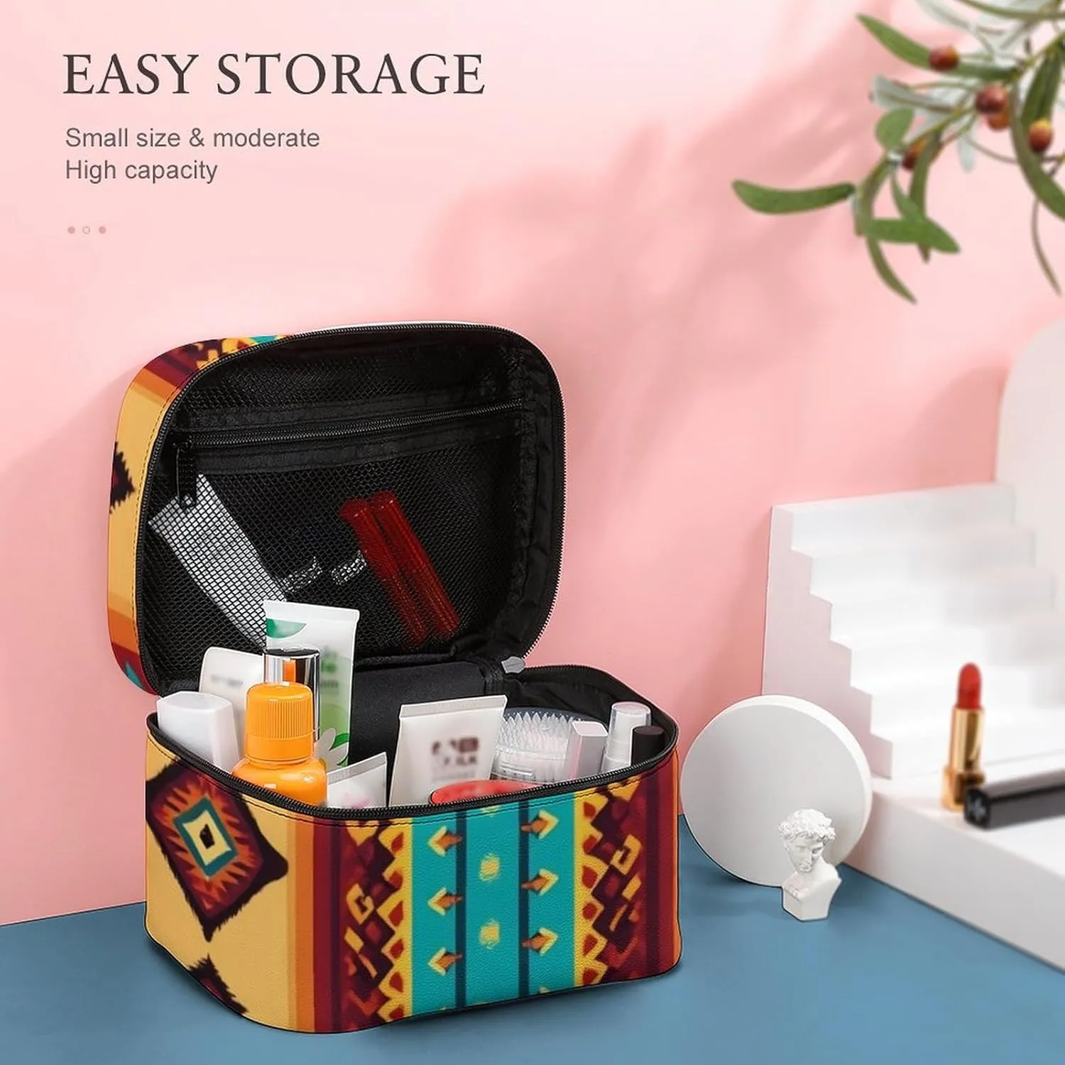 Stylish Cosmetic Bag for Women, Travel Toiletry Storage Bag with with Zipper Pouch Indiana Western Southwest Ethnic Tribal Navajo Makeup Organizer Case