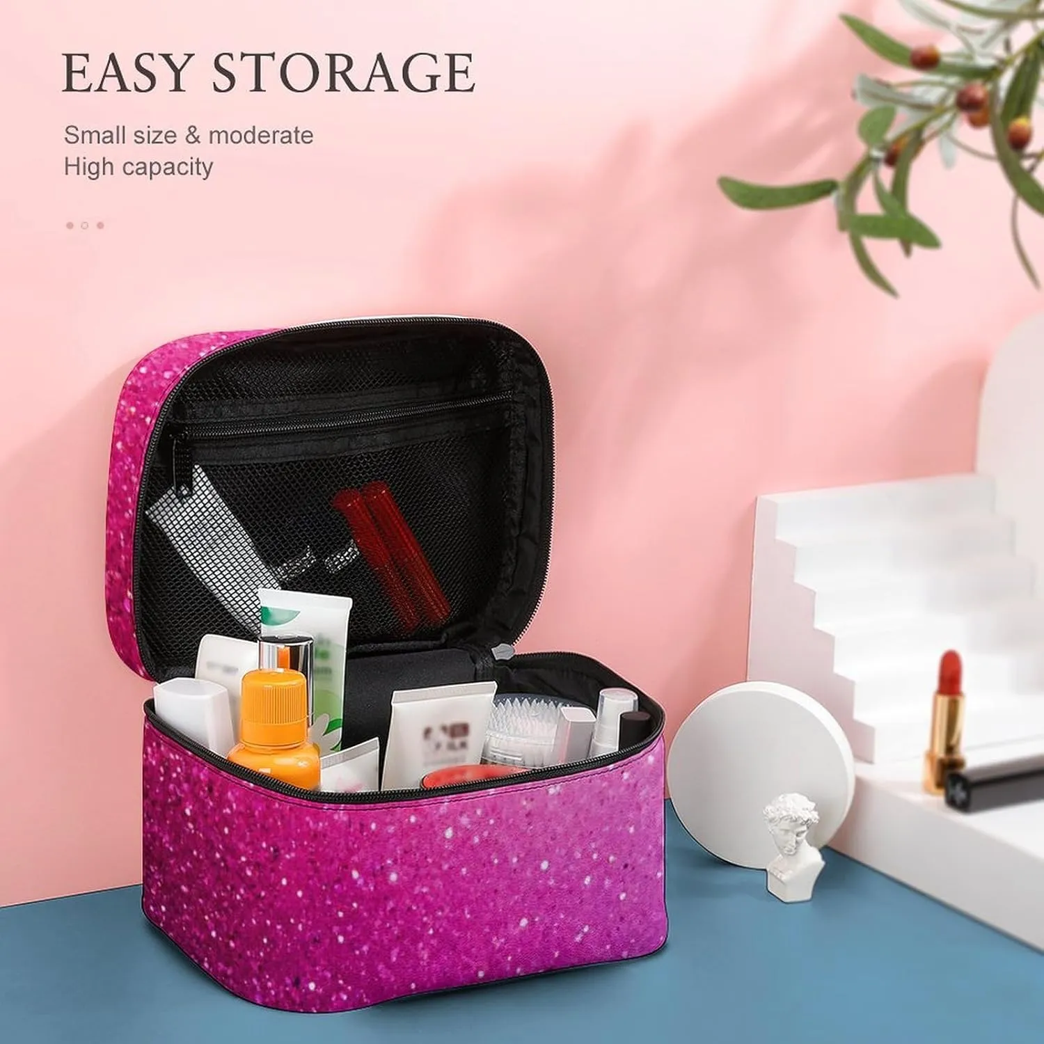 Stylish Cosmetic Bag for Women, Travel Toiletry Storage Bag with with Zipper Pouch Pink Glitter Pattern Makeup Organizer Case