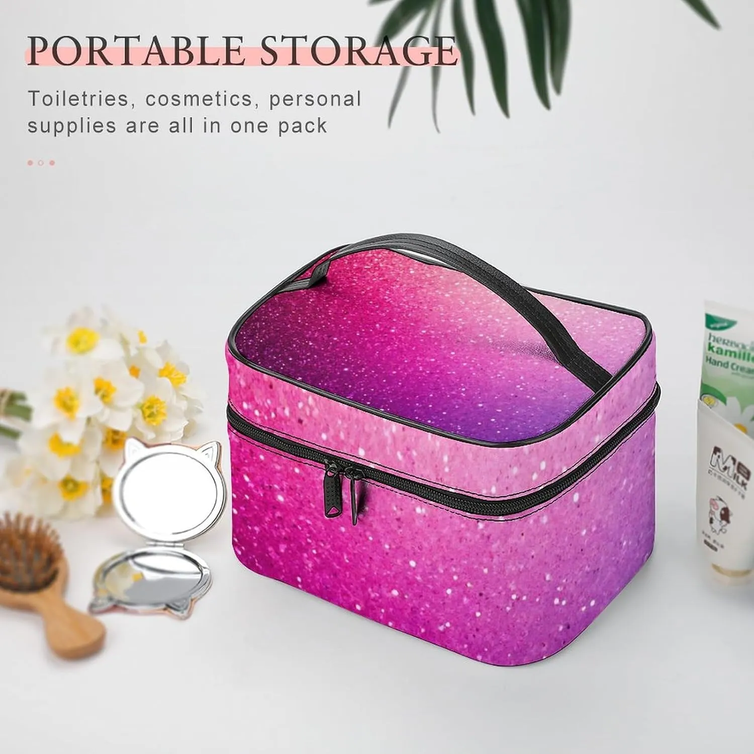 Stylish Cosmetic Bag for Women, Travel Toiletry Storage Bag with with Zipper Pouch Pink Glitter Pattern Makeup Organizer Case