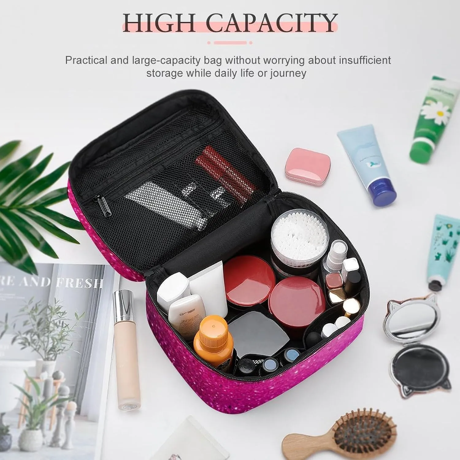 Stylish Cosmetic Bag for Women, Travel Toiletry Storage Bag with with Zipper Pouch Pink Glitter Pattern Makeup Organizer Case