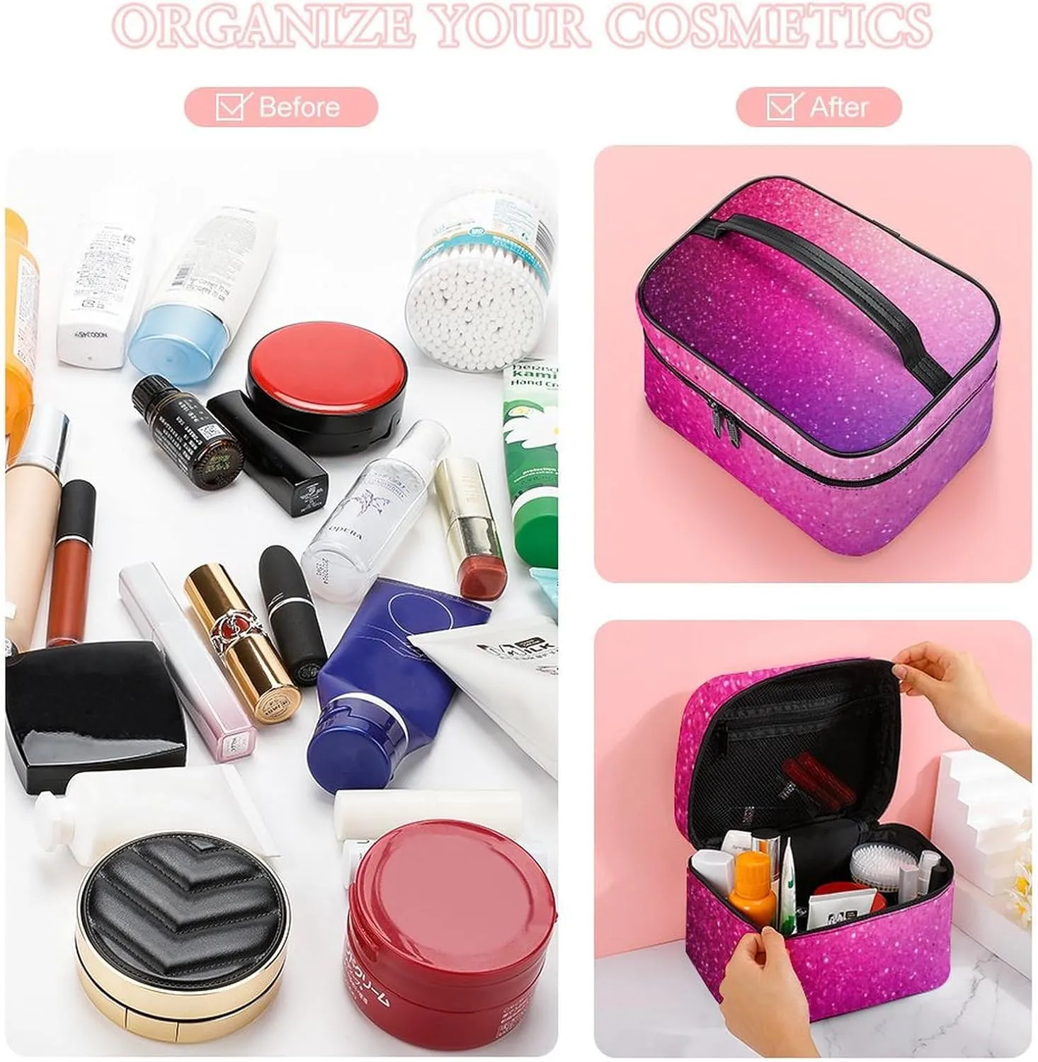 Stylish Cosmetic Bag for Women, Travel Toiletry Storage Bag with with Zipper Pouch Pink Glitter Pattern Makeup Organizer Case
