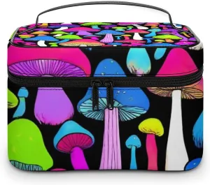 Stylish Cosmetic Bag for Women, Travel Toiletry Storage Bag with with Zipper Pouch Rainbow Colorful Neon Mushrooms Makeup Organizer Case