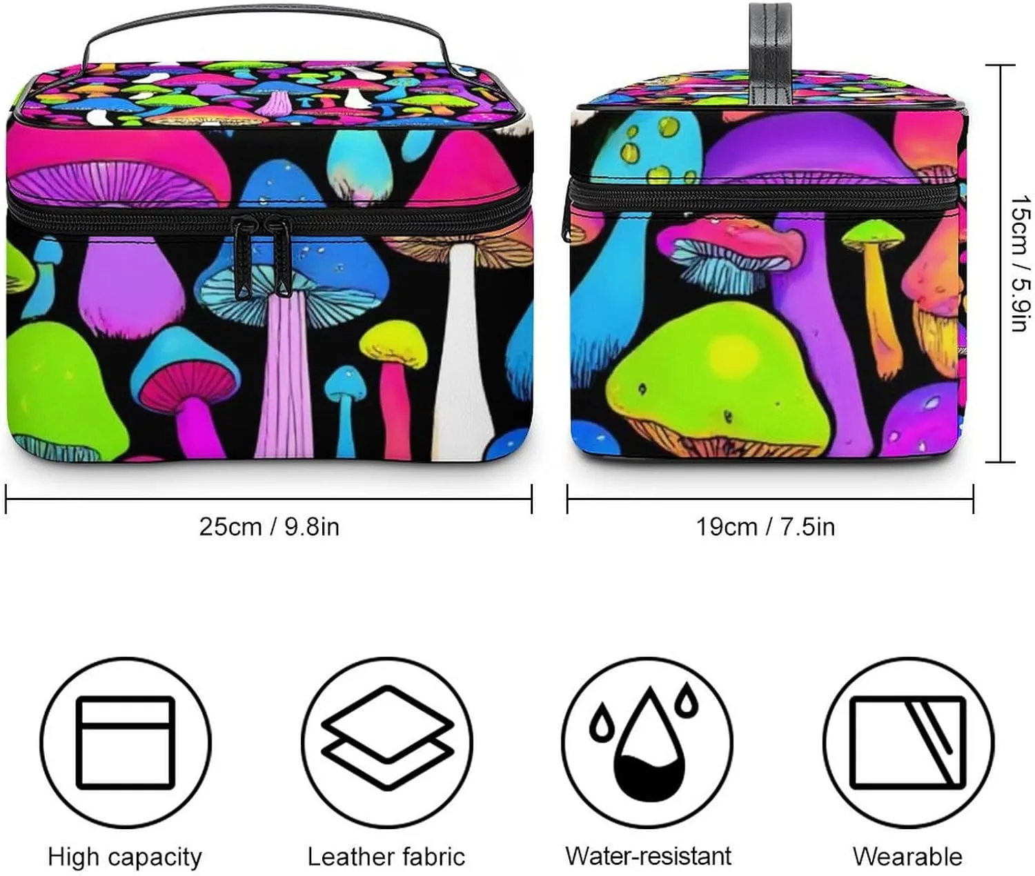 Stylish Cosmetic Bag for Women, Travel Toiletry Storage Bag with with Zipper Pouch Rainbow Colorful Neon Mushrooms Makeup Organizer Case