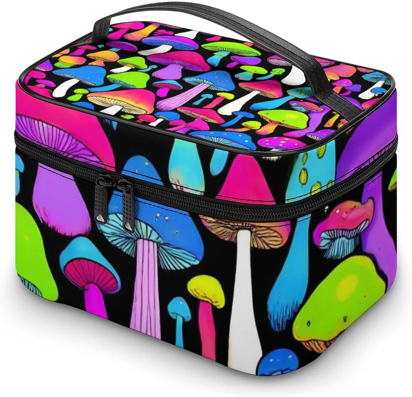 Stylish Cosmetic Bag for Women, Travel Toiletry Storage Bag with with Zipper Pouch Rainbow Colorful Neon Mushrooms Makeup Organizer Case