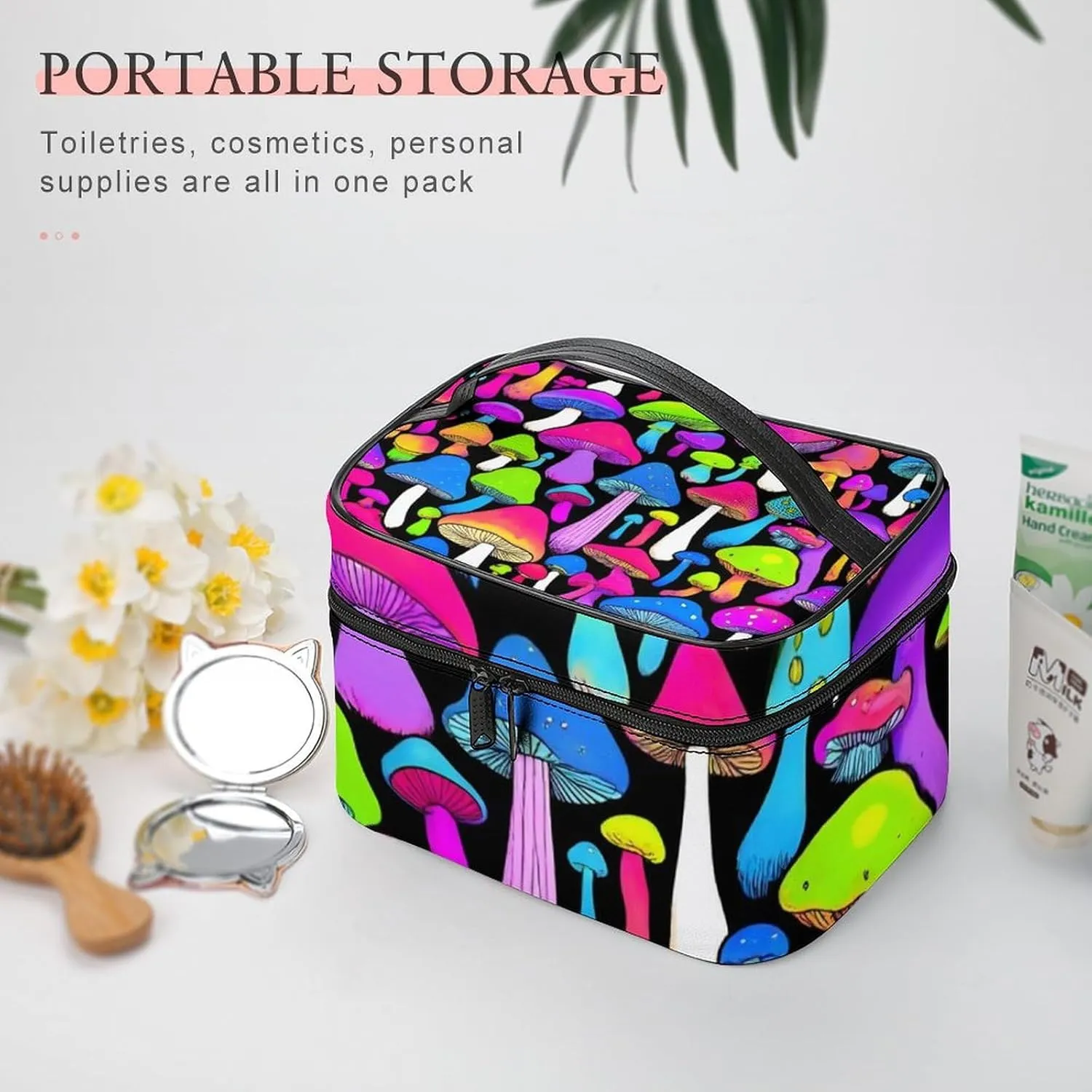 Stylish Cosmetic Bag for Women, Travel Toiletry Storage Bag with with Zipper Pouch Rainbow Colorful Neon Mushrooms Makeup Organizer Case