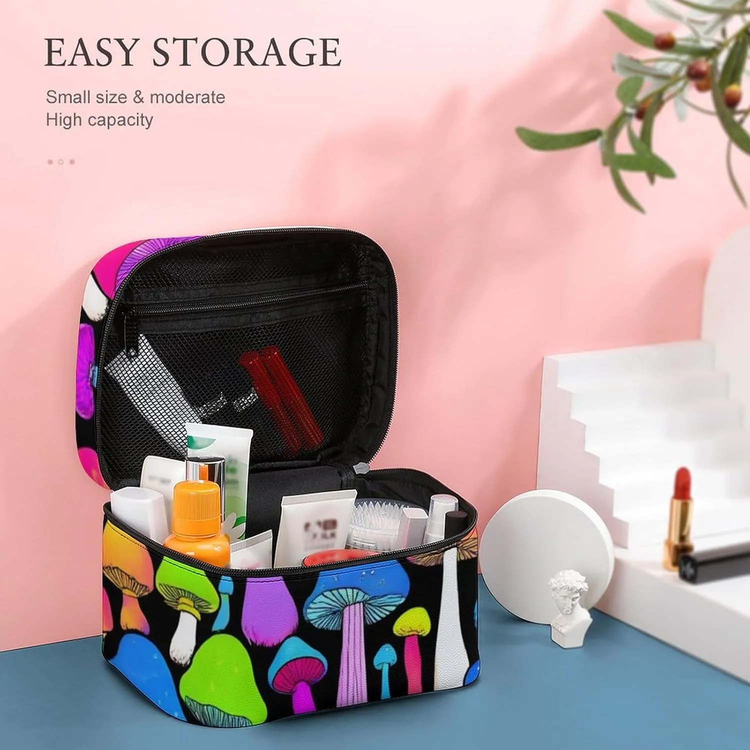 Stylish Cosmetic Bag for Women, Travel Toiletry Storage Bag with with Zipper Pouch Rainbow Colorful Neon Mushrooms Makeup Organizer Case