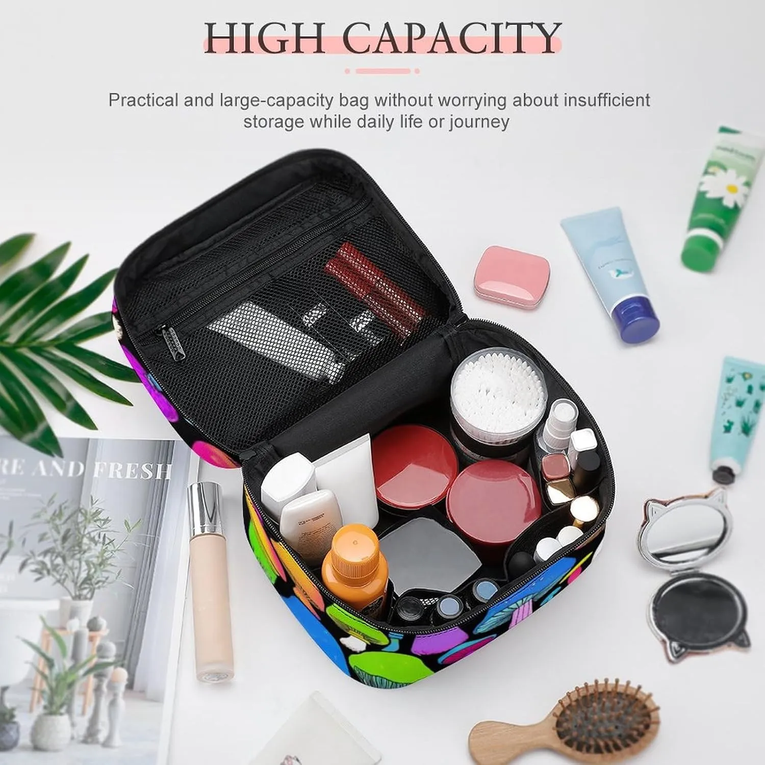 Stylish Cosmetic Bag for Women, Travel Toiletry Storage Bag with with Zipper Pouch Rainbow Colorful Neon Mushrooms Makeup Organizer Case