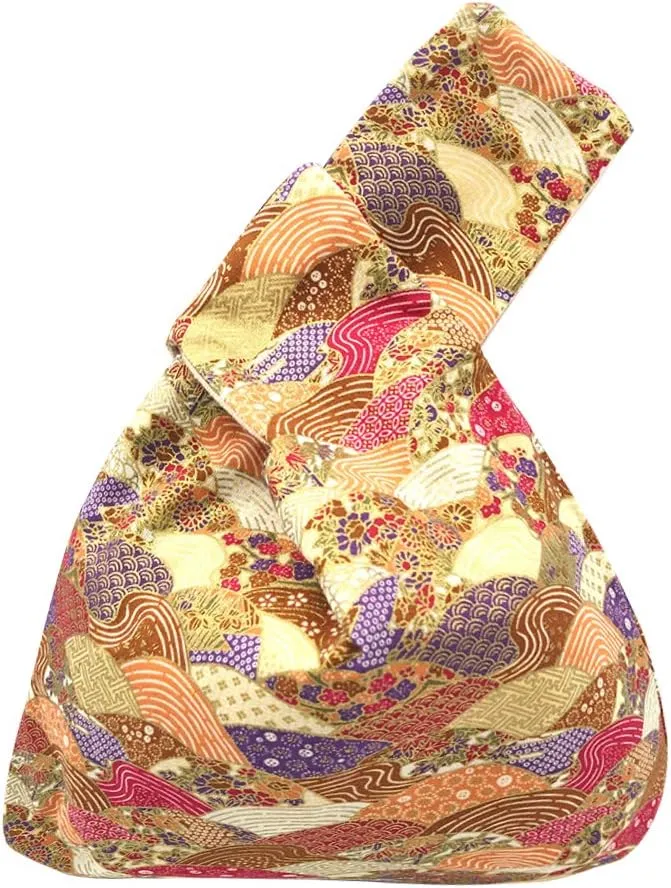 Stylish Cotton Japanese Pattern Wrist Bag Sleeve Knot Pouch Portable Canvas Tote Purse for Female, Women