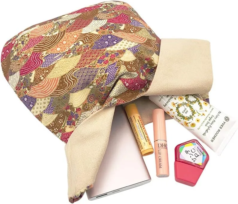 Stylish Cotton Japanese Pattern Wrist Bag Sleeve Knot Pouch Portable Canvas Tote Purse for Female, Women