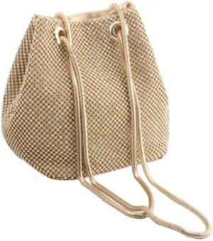 Stylish Rhinestone Bucket Bag for Women Elegant Polyester Shoulder Handbag Golden for Travel and Daily Use Chic Design for Cellphone and Essentials