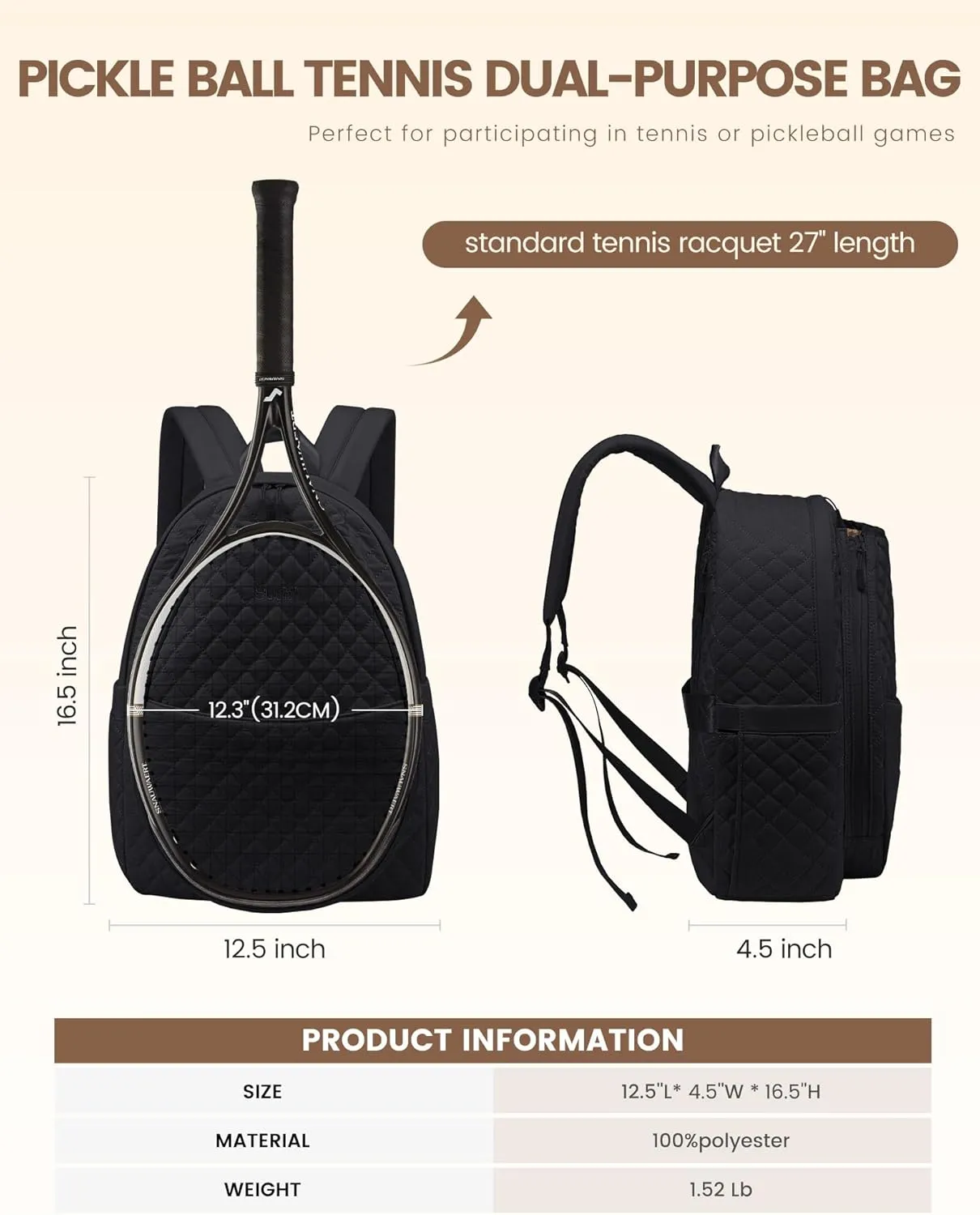 Sucipi Tennis Bags for Women, Quilted Tennis Racket Bag Backpack for Tennis Racquet, Pickleball Paddles, Badminton