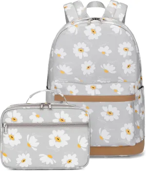 Sugaroom Lightweight Water Resistant Daisy Prints Backpacks for Girls School Backpack with Lunch Bag Bookbags Set