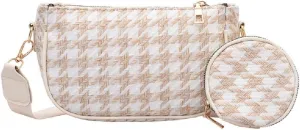 Suillty Women Vintage Houndstooth Printing Clutch Shoulder Bags with Mini Round Purse Pendant Lady Small Crossbody Handbag