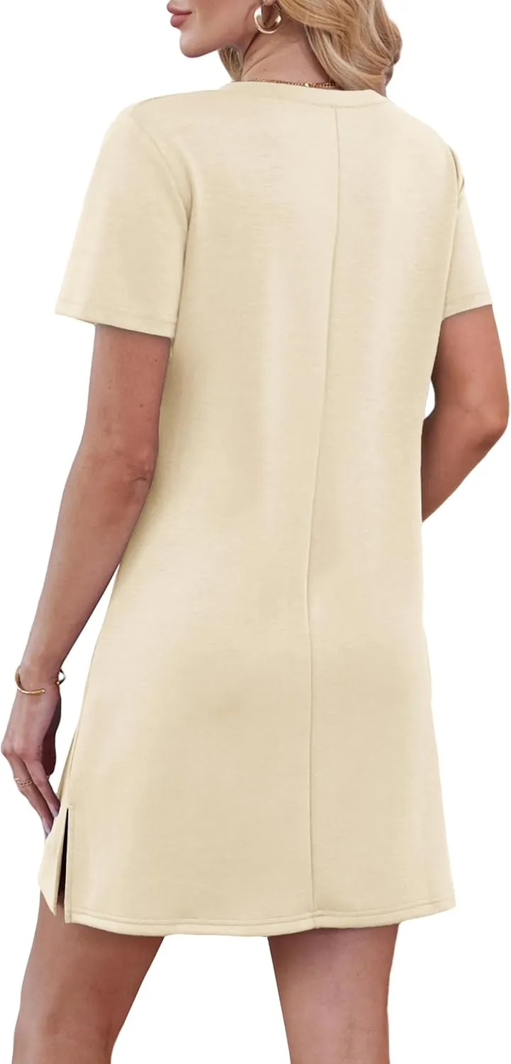 Summer Casual Dresses for Women 2025 Mini Vacation Dress V-Neck Short Sleeve Split Hem Beach Sundress
