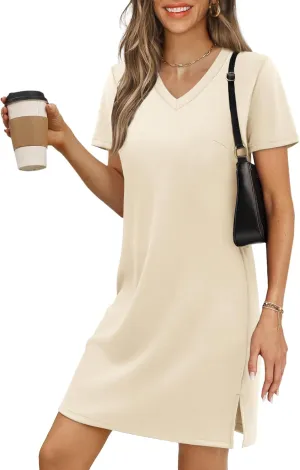 Summer Casual Dresses for Women 2025 Mini Vacation Dress V-Neck Short Sleeve Split Hem Beach Sundress