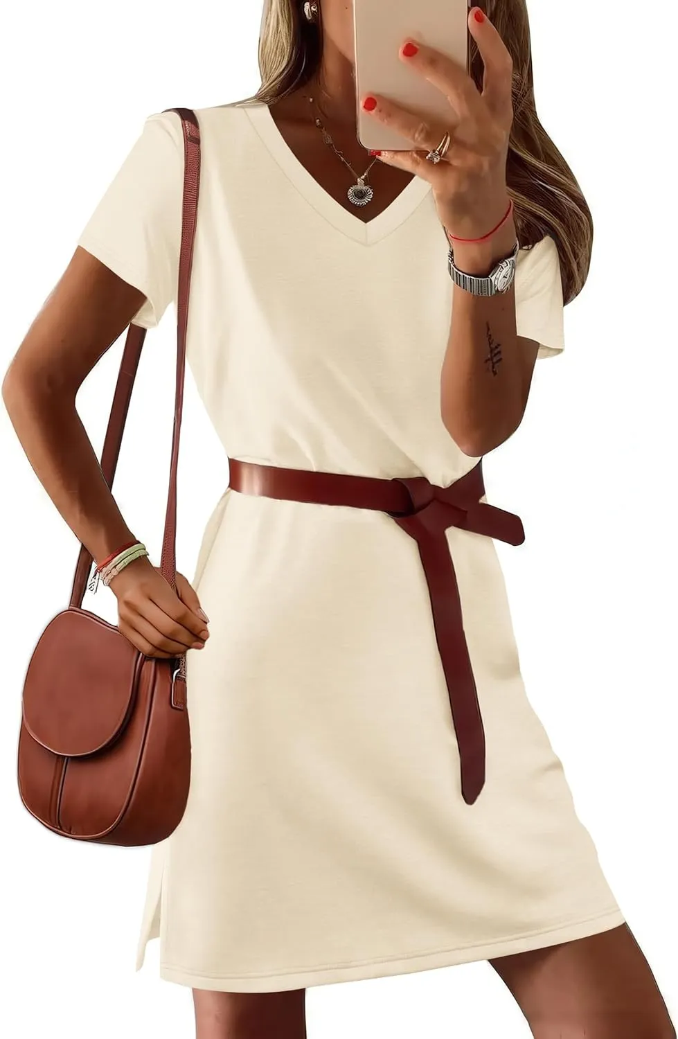 Summer Casual Dresses for Women 2025 Mini Vacation Dress V-Neck Short Sleeve Split Hem Beach Sundress