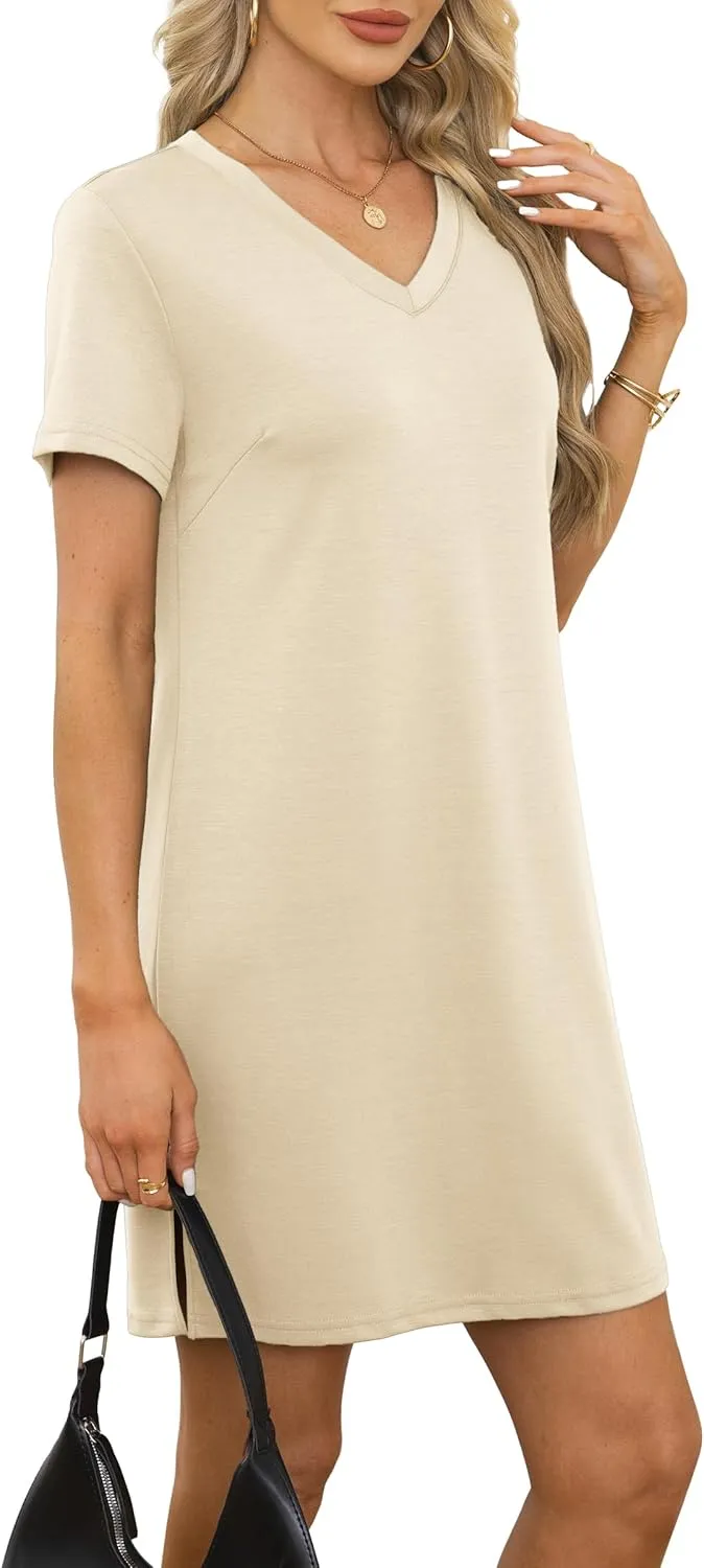 Summer Casual Dresses for Women 2025 Mini Vacation Dress V-Neck Short Sleeve Split Hem Beach Sundress