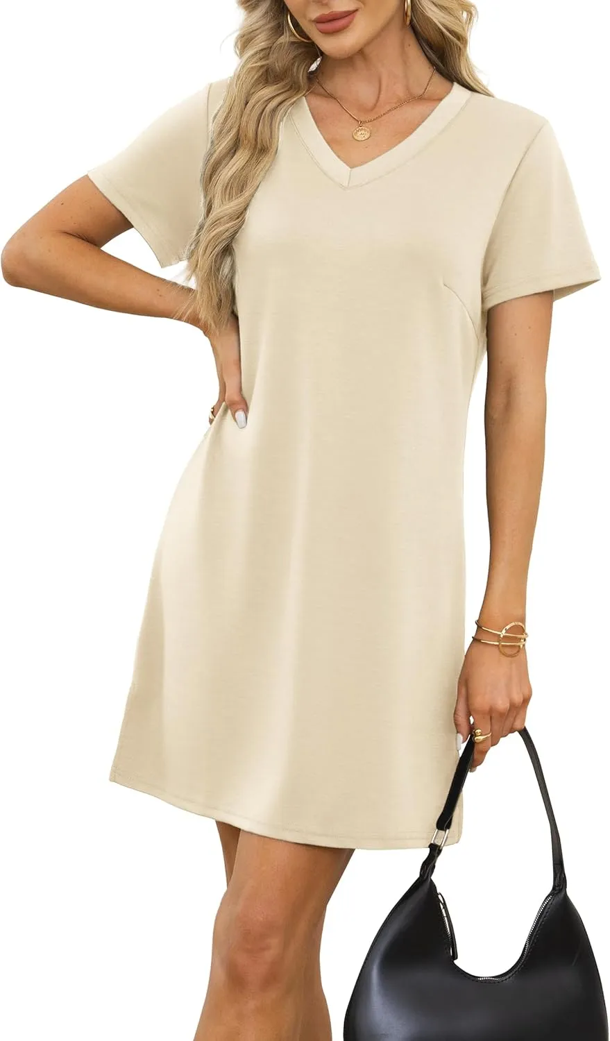 Summer Casual Dresses for Women 2025 Mini Vacation Dress V-Neck Short Sleeve Split Hem Beach Sundress
